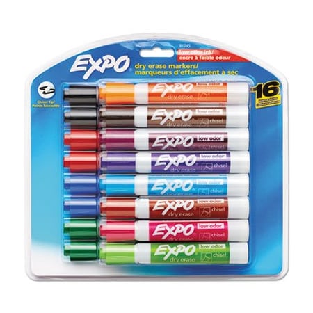Sanford EXPO, LOW-ODOR DRY-ERASE MARKER, BROAD CHISEL TIP, ASSORTED COLORS, 16 Pieces 81045